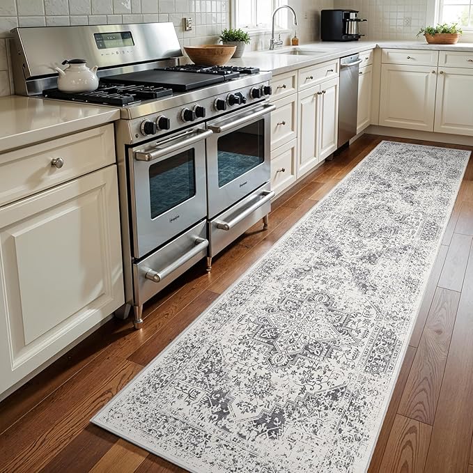3x12 Washable Hallway Runner Rug - Non Slip Kitchen Runner Rugs with Rubber Backing Vintage Low-Pile Carpet Runners for Entryway Dining Room Laundry Room Home Decor (Distessed Grey)