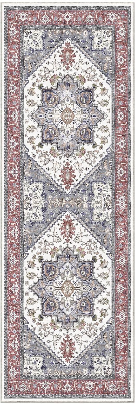 OPPODREAM Soft Entryway Rug 2x6, 2x6 Rug Runner, Washable Hallways Carpet 2 x 6 with Non Slip Backing, Low-Pile Bedside Carpet 2 x 6, Long, Faux Cashmere, Red & Grey