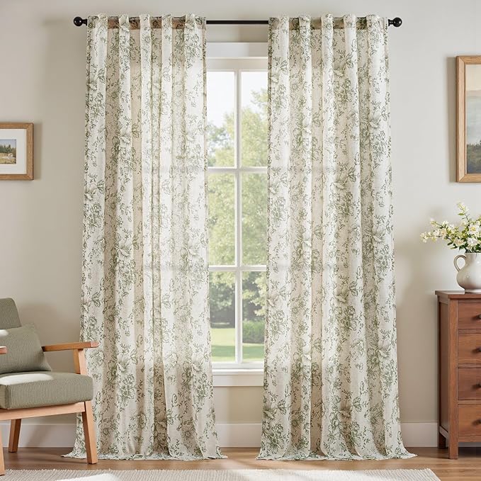 jinchan Linen Blend Floral Curtains for Living Room 96 Inch Length Farmhouse Printed Curtain Rod Pocket Back Tab Sage Green Peony Flower Patterned Drapes Bedroom Curtains Set 2 Panels
