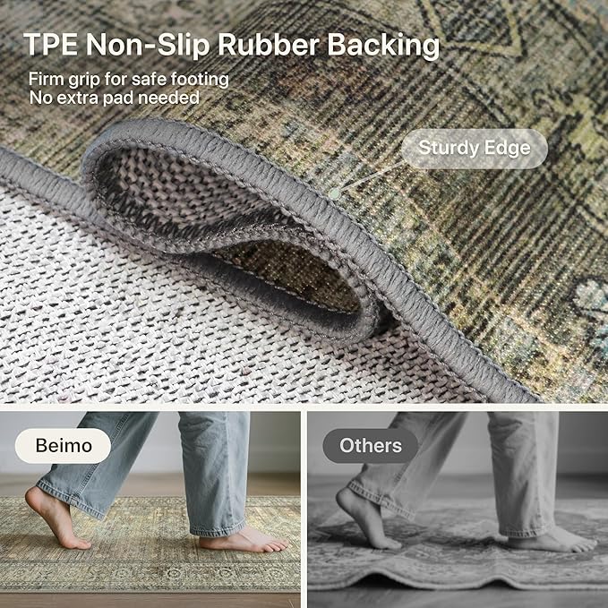 BEIMO Area Rugs 5x7 for Living Room Bedroom, Modern Boho Machine Washable Large Distressed Light Greyish Sage Green Rug, Low Pile Floor Carpet with Non Slip Backing for Dining Room