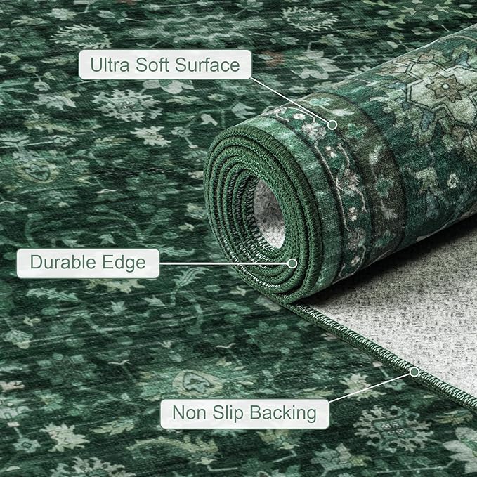 Area Rugs 10x14 Living Room Rug: Washable Rug Soft Vintage Distressed Floral Carpet Indoor Non-Slip Stain Resistant Large Carpets for Bedroom Dining Room Farmhouse Nursery Home Office Deep Green