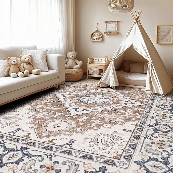 Lofus 9x12 Area Rugs for Living Room, Washable Area Rug, Rugs for Bedroom, Kitchen, Vintage Boho Carpet, Soft Non-Slip, Low Pile Large Area Rug for Office Dining Room, Floral Brown