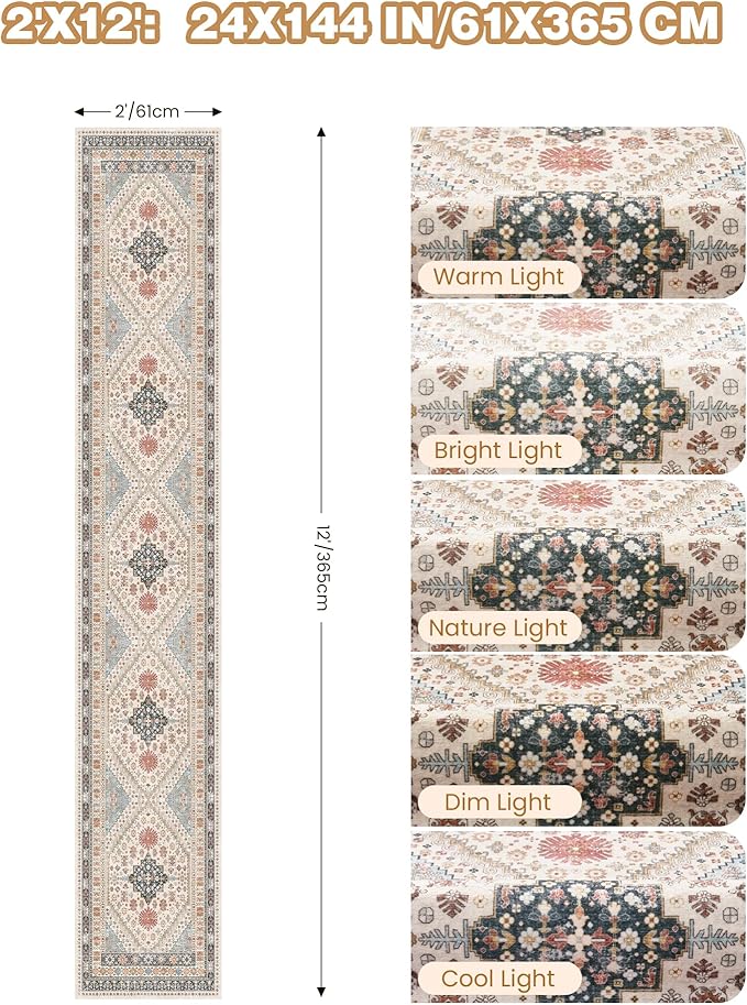 Hallway Runner Rug 2x12, Extra Long Washable Runner Rugs with Rubber Backing, Non Slip Runner, Vintage Rug Runners for Kitchen Laundry Room Entryway (Blue/Red/Multi,2'x12')