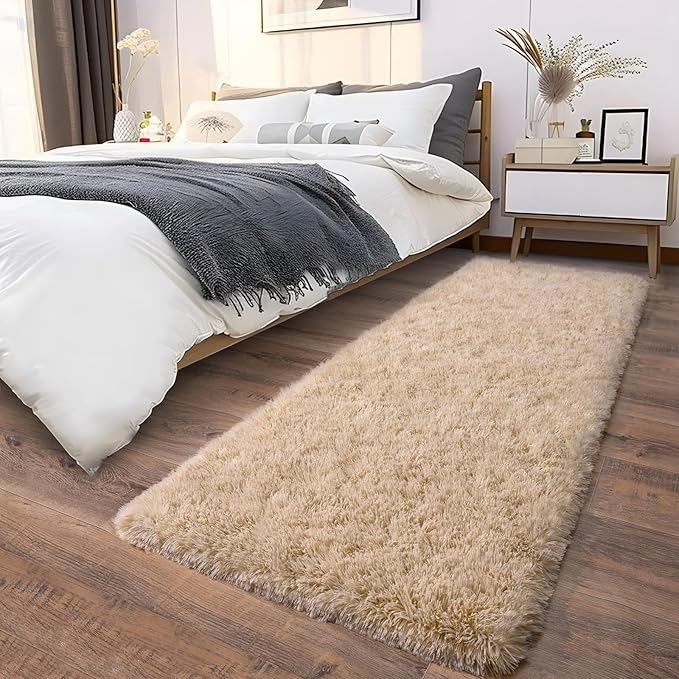 Soft Runner Rugs for Bedroom Hallways, 2x5 Beige Fluffy Shag Throw Area Rug Non Slip for Bedside Dorm, Long Shaggy Furry Carpet for Nursery Living Room