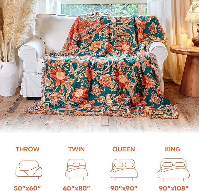 MSGKV Boho Throw Blanket for Couch Chair 100% Cotton Floral Bird Blanket 50"x60" Sofa Blankets Muslin Spring Breathable Lightweight Farmhouse Blankets Home Decor All Seasons