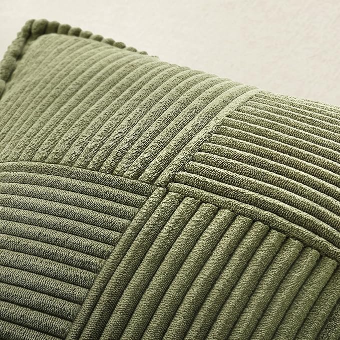 MIULEE Spring Decorative Throw Pillow Covers for Couch Bed Livingroom 20x20 Inch Set of 2 Olive Green Boho Accent Throw Pllows Broadside Striped Patchwork Soft Corduroy Summer Pillowcases