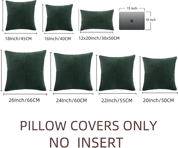 Fancy Homi Set of 2 Dark Green Lumbar Decorative Throw Pillow Covers 12x20 Inch for Living Room Couch Bed, Boho Farmhouse Forest Green Home Decor, Soft Corduroy Corss Patchwork Cushion Case