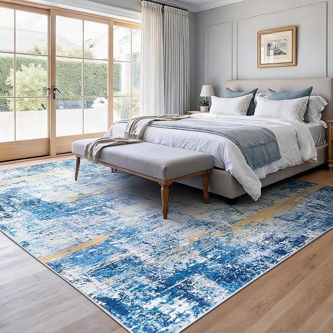 Rugflix 8x10 Area Rugs for Living Room, Washable Large Rug Stain-Resistant Low Pile, Modern Carpet for Dining Room Home Office Kid Room Nursery Bedroom, Blue Gold