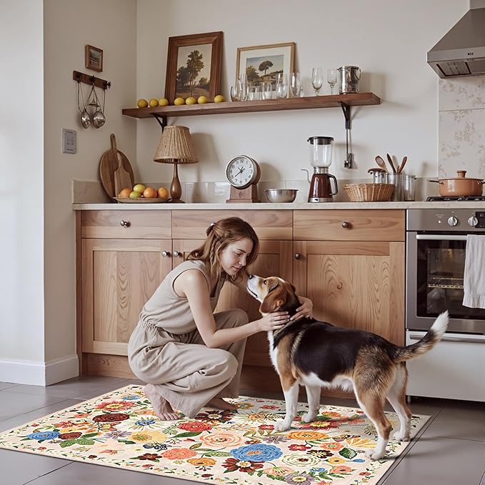 2x5 Entryway Runner Rugs, Non Slip Washable Rugs with Rubber Backing Soft Floral Carpet Runner for Kitchen, Laundry, Bedroom, Bathroom(2 x 5, Beige Garden)