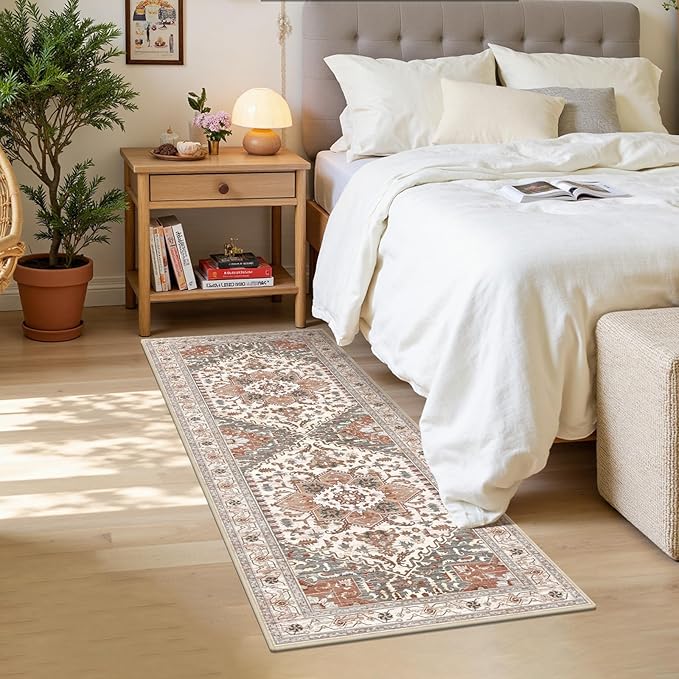 Yamaziot Washable Runner Rug, 2x6 Non-Slip Boho Vintage Hallway Rug Runner with Rubber Backing, Low Pile Faux Wool Distressed Carpet Runner for Bedroom, Kitchen, Laundry, Entrance, Ginger Grey