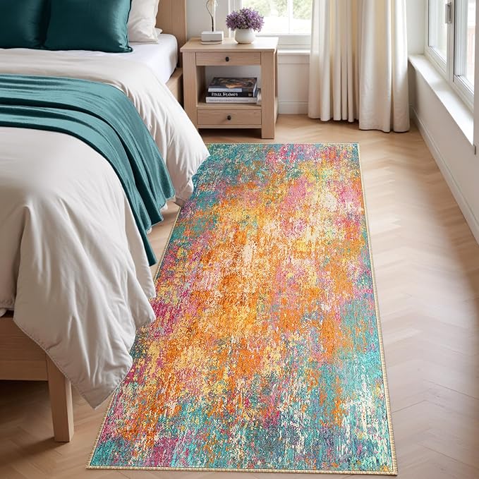 Washable Area Rugs 2'x8' Non-Slip Modern Abstract Soft for Living Room Entryway Bedroom Nursery, Print Pattern, Orange Blue Pink Yellow Colorful