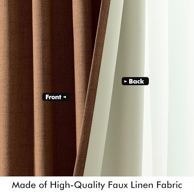 MIULEE 100% Blackout Linen Curtains for Bedroom, Brown Solid Luxury Decor Thermal Insulation Room Darkening Drapes for Living Room Nursery Back Tab Rod Pocket 42 x 90 Inches, 2 Panels