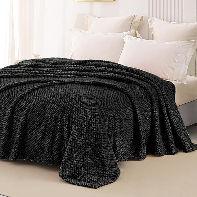 Whale Flotilla King Size Fuzzy Fleece Blanket for Bed, 90x104 Inch Fluffy Warm Soft Jacquard Blankets for All Season, Lightweight and Cozy, Black