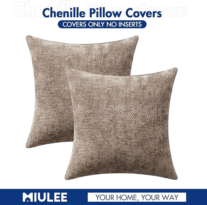 MIULEE Pack of 2 Couch Throw Pillow Covers 20x20 Inch Light Khaki Boho Accent Decorative Pillow Covers Soft Chenille Farmhouse Taupe Cushion Covers for Home Decor Bed Sofa Living Room