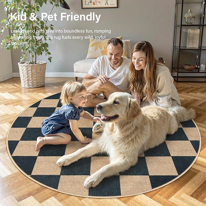 Lahome Colette Checkered Round Rugs 6ft, Outdoor Patio Easy Jute Rug Indoor Outdoor Circle Carpet, Farmhouse Nature Non Shedding Non Slip Washable Black Carpet for Living Room Entry Deck