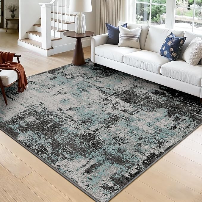 Washable Area Rugs Square 8ft Non-Slip Modern Abstract Soft for Living Room Entryway Bedroom Nursery, Print Pattern, Blue Black Teal