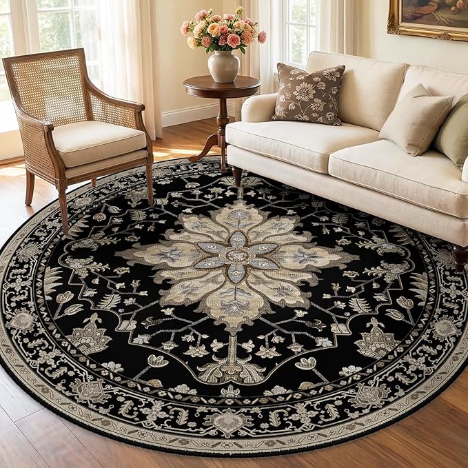RELEANY Area Rugs 6ft Washable Non-Slip, Floral Vintage Distress Print Pattern Medallion Carpet for Living Room Bedroom Dining Room, Black Brown Neutral Dark Tan
