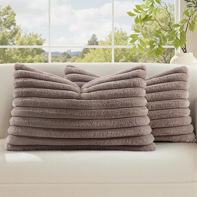 decorUhome Cozy Faux Fur Throw Pillow Covers 12x20 Set of 2 Decorative Soft Plush Striped Lumbar Modern Farmhouse Boho Couch Pillow Cases with Velvet Back for Sofa Bed Living Room, Light Coffee