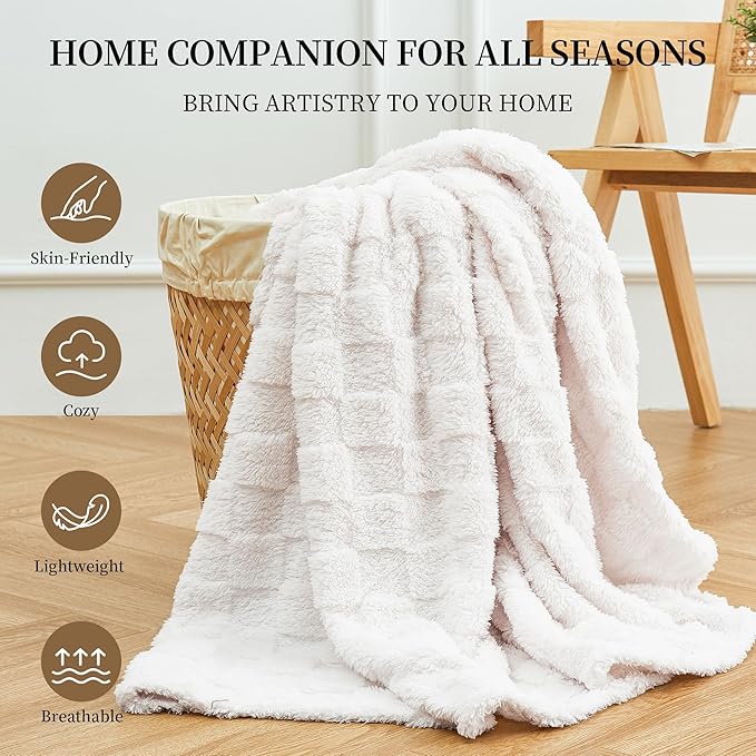 Aganear Flannel Throw Blanket - Cozy Soft Lightweight Fuzzy Checkered Throw Blanket for Women Portable Throw Blankets for Couch, Warm Present for Birthday, Christmas(50"x70", Cream White)