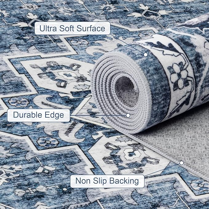 6x9 Area Rugs Living Room Rug: Washable Vintage Boho Medallion Rug No Slip Stain Resistant Soft Carpet Indoor Floor Large Carpets for Bedroom Dining Room Farmhouse Nursery Hallway Home Office Blue