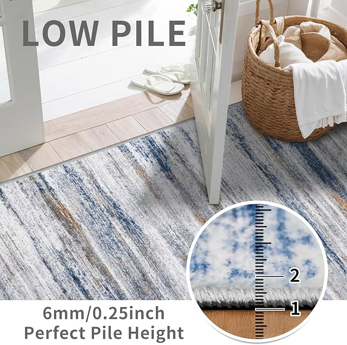 6x12 Runner Rug for Wide Hallway: Long Washable Area Rugs for Living Room Dining Room Office - Stain and Water Resistant Runners with Non-Slip Backing - Soft Low-Pile Thin Carpet Navy Grey