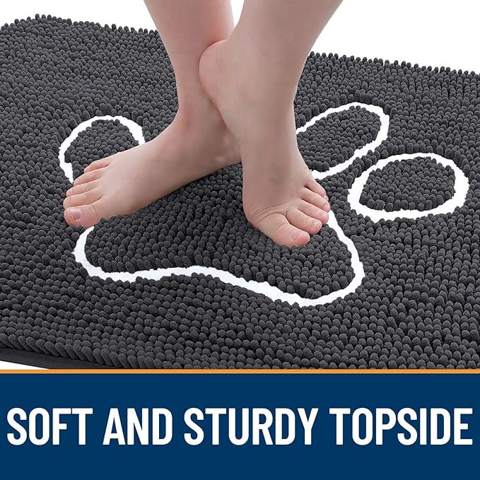 OLANLY Dog Door Mat for Muddy Paws 44x32, Paw Print Design, Absorbs Moisture and Dirt, Absorbent Non-Slip Washable Doormat, Quick Dry Chenille Mud Mat for Dogs, Entry Indoor Entryway Carpet, Dark Grey