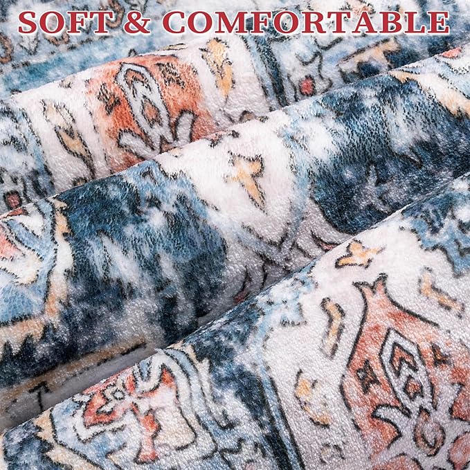 SERISSA Area Rug 3x5 Boho Rugs for Bedroom, Washable Kitchen Rugs Non-Slip, Ultra Soft Print Distressed Tribal Entry Rug Low-Pile Throw Rug Blue Orange Carpet for Bedroom Nursery Living Room Decor