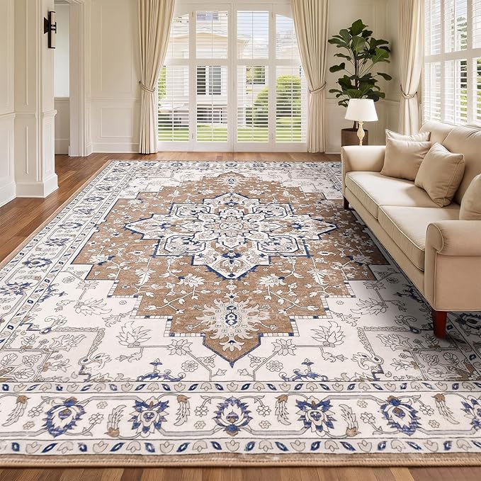 Rugflix 9x12 Area Rug for Living Room, Vintage Washable Area Rug Non Slip Backing Low Pile, Floral Soft Foldable Carpet for Bedroom Dining Room, Brown/Beige