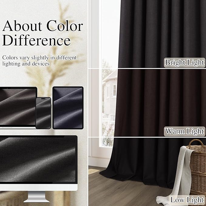 Guken Black 100% Blackout Curtains 90 Inch Length 2 Panels Set for Living Room Bedroom Back Tab Thermal Insulated Black Out Linen Drapes Room Darkening Window Curtains 90 Inches Long