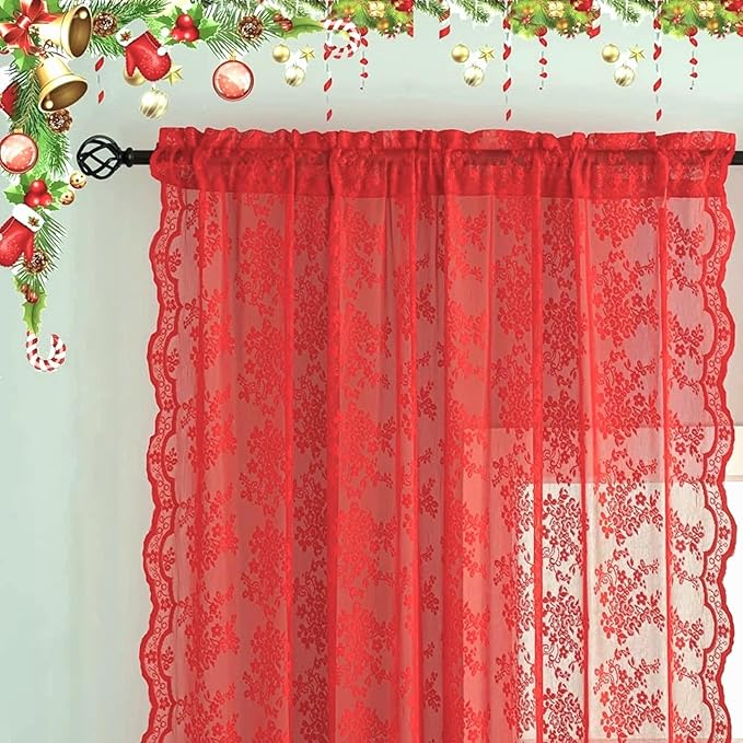 YJ YANJUN Vintage Lace Curtains 72 Inch Length 2 Panels for Bedroom-Victorian Floral Red Christmas Living Room Curtains with Scalloped Edges Farmhouse Embroidery Rod Pocket Privacy Christmas Decor
