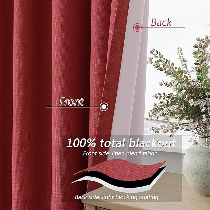 Guken Red 100% Blackout Linen Curtains 102 Inch Length 2 Panels Set for Living Room Bedroom Back Tab Thermal Insulated Black Out Drapes Room Darkening Farmhouse Window Curtains 102 Inches Long