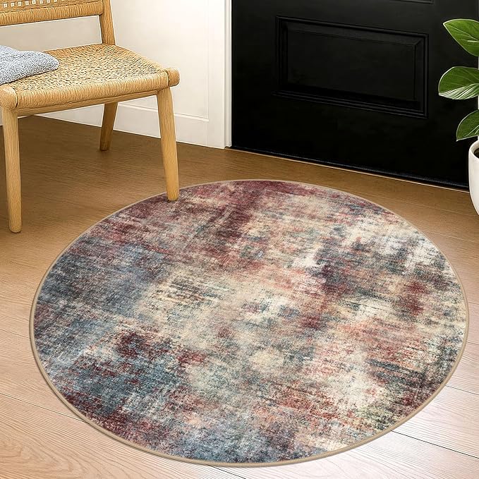 IOHOUZE Round Area Rug 3 Ft Circle Entryway Rugs Round Washable Door Mat Indoor Entrance, Non Slip Circle Front Door Rug, Printed Abstract Faux Wool Floor Carpet for Foyer Porch Sink, Red/Multi