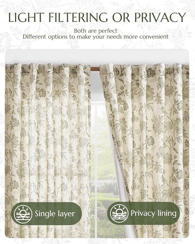 jinchan Lined Linen Floral Curtains for Living Room, 84 Inch Length Printed Flower Farmhouse Patterned French Country Back Tab Green Window Drapes Set Privacy Bedroom Curtains, 2 Panels