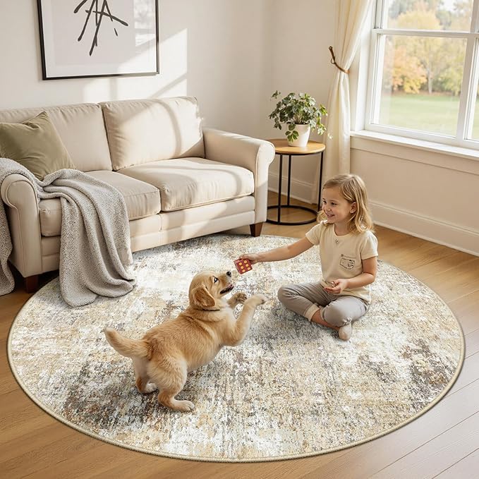 Washable Area Rugs 6ft Non-Slip Modern Abstract Soft for Living Room Entryway Bedroom Nursery, Print Pattern, Neutral Brown Gray