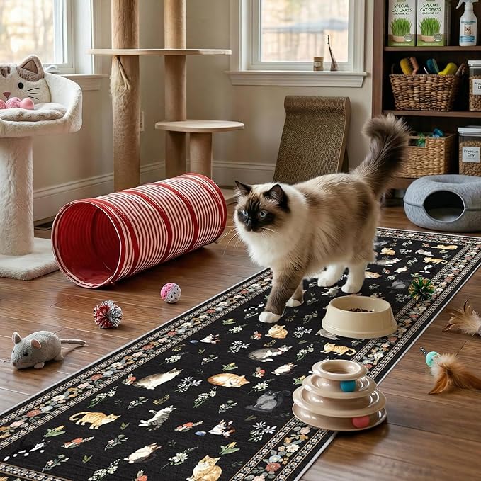 2'6"x8' Washable Kitchen Runner Rug - Soft Low Pile Floral Animal Cat Print Rugs with Non-Slip Backing Waterproof Stain-Resistant Indoor Carpet for Hallway Entryway Bathroom Bedroom (Black)