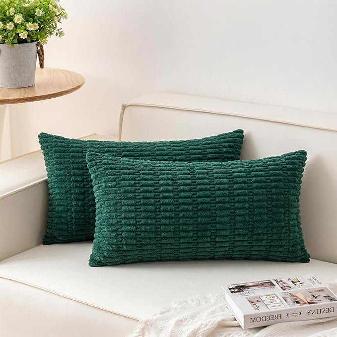 Pack of 2 Corduroy Decorative Throw Pillow Covers 12x24 Inch Soft Striped Pillow Covers Modern Farmhouse Home Decor for Sofa Living Room Couch Bed（Blackish Green）