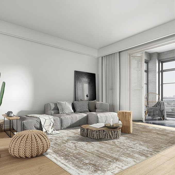 9x12 Area Rugs Washable Rug: Modern Abstract Living Room Rug Soft Anti-Skid Thin Carpet Indoor Floor Non-Shedding Carpets for Bedroom Dining Room Farmhouse Nursery Home Office Brown White