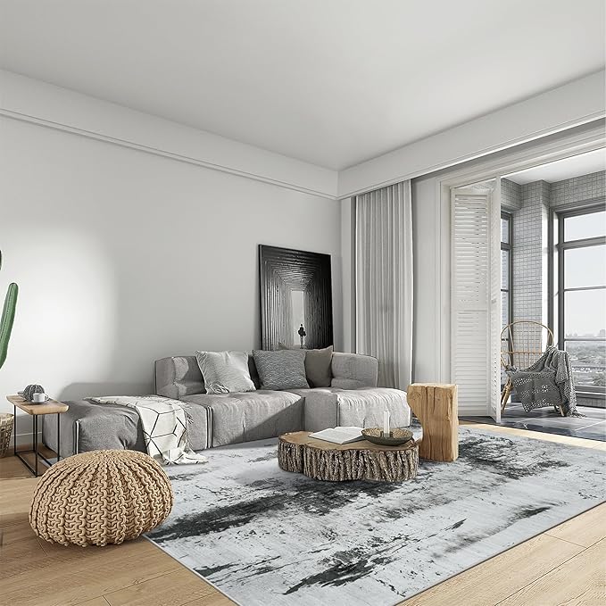 10x14 Area Rugs Washable Rug: Modern Abstract Living Room Rug Soft Anti-Skid Thin Carpet Indoor Floor Non-Shedding Carpets for Bedroom Dining Room Farmhouse Nursery Home Office Black White Grey