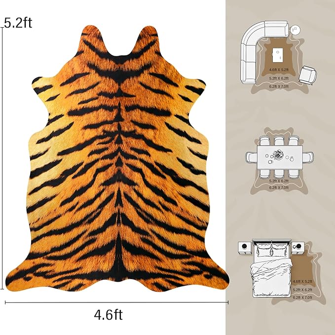 AROGAN Premium Tiger Print Rug 4.6x5.2 Feet, Machine Washable Faux Fur Rug, Non-Slip Animal Print Hide Tiger Skin Area Rug for Bedroom Living Room Home Decor