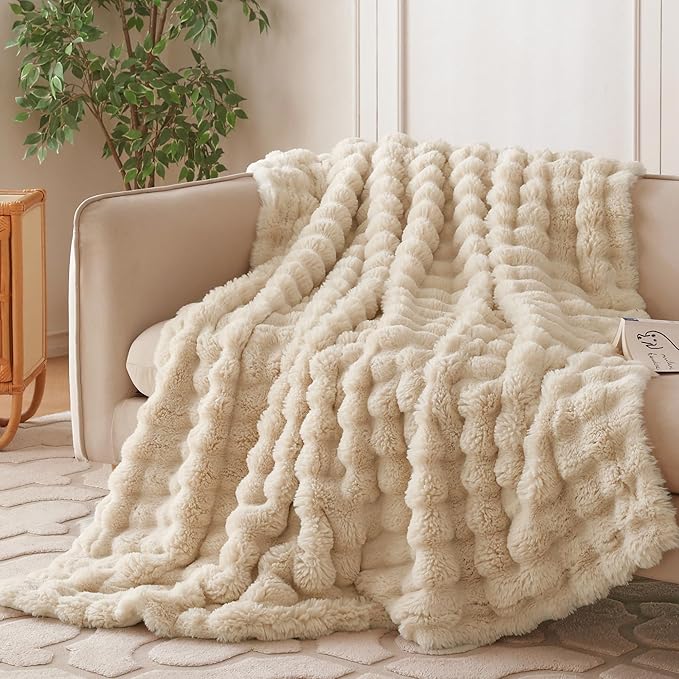 COOVA Faux Fur Throw Blanket for Couch, Cozy Soft and Fuzzy Plush Rabbit Fur Bubble Blanket for Sofa Bedroom Living Room, 60x80 Inches Light Taupe