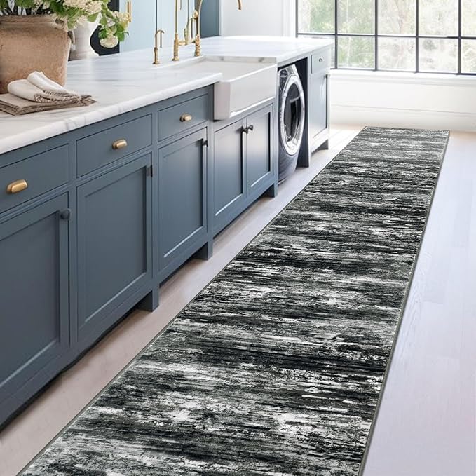 KOZYFLY Modern Abstract Washable Rug Runner 2.6x16 Hallway Rug Runner Non-Slip Soft Kitchen Runner Rugs, Black Grey Striped Carpet for Stair Entryway Bathroom Laundry Room Foyer