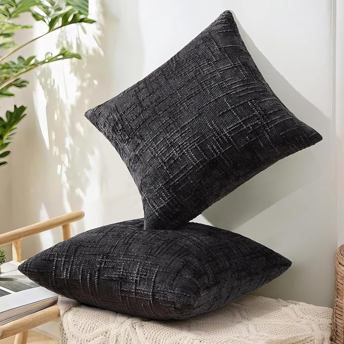 decorUhome Black Chenille Throw Pillow Covers 18x18 Set of 2 Textured Soft Cozy Slubby Couch Pillow Covers Modern Farmhouse Boho Decorative Pillow Cases for Bed Sofa Living Room