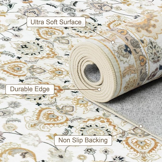 4x6 Area Rugs for Living Room: Washable Rug Soft Vintage Boho Carpet Indoor Floor Non-Slip Stain Resistant Floral Large Carpets for Bedroom Dining Room Farmhouse Nursery Home Office Beige