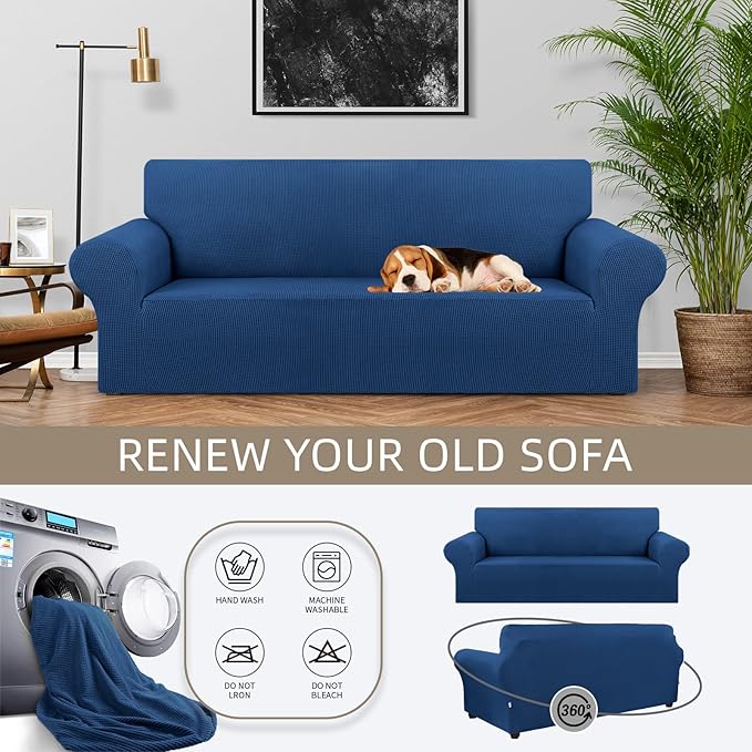 KEKUOU Stretch Sofa Cover Slipcover ，Couch Covers for 3 Cushion Couch Sofa pet Friendly (78"-94") Furniture Protector Sofa with Elastic Bottom for Kids,Dog, Jacquard Small Checked(Large,Classic Blue)