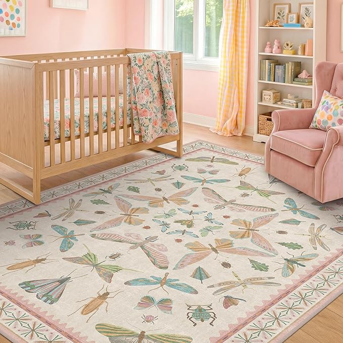 Hazo Haus Butterfly Area Rugs 5x7 for Baby Nursery, Cute Light Pink Rugs for Bedroom Girls, Living Room, Kids Room Playroom Reading Corner, Washable Ultra Soft Stain Resistant Floral Floor Decor