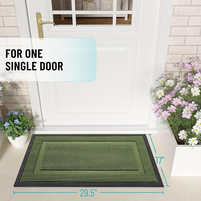 OLANLY Front Door Mat Indoor Outdoor Entrance, Waterproof All-Season, All-Weather Doormat, Sturdy Natural Rubber, Low Profile, Easy Clean Patio Porch Entryway Mat, 35x23, Classic Green
