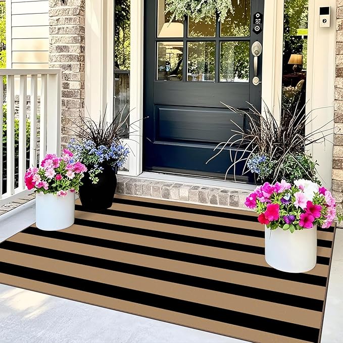 Black Tan Striped Entry Rug - 3x5 Ft Washable Indoor Outdoor Front Door Mat Outside Entrance Front Porch Mat Non-Slip Floor Carpet for Living Room Bedroom Entryway Kitchen Office Porch Decor