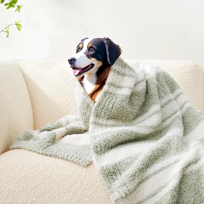 Snuggle Sac Heather Throw Blanket for Couch, Reversible Super Soft Blankets Warm Cozy Knit Fuzzy Plush Lightweight for Sofa, Bed, Camping, Picnic (Stripe Green, Throw(50"x 60"))