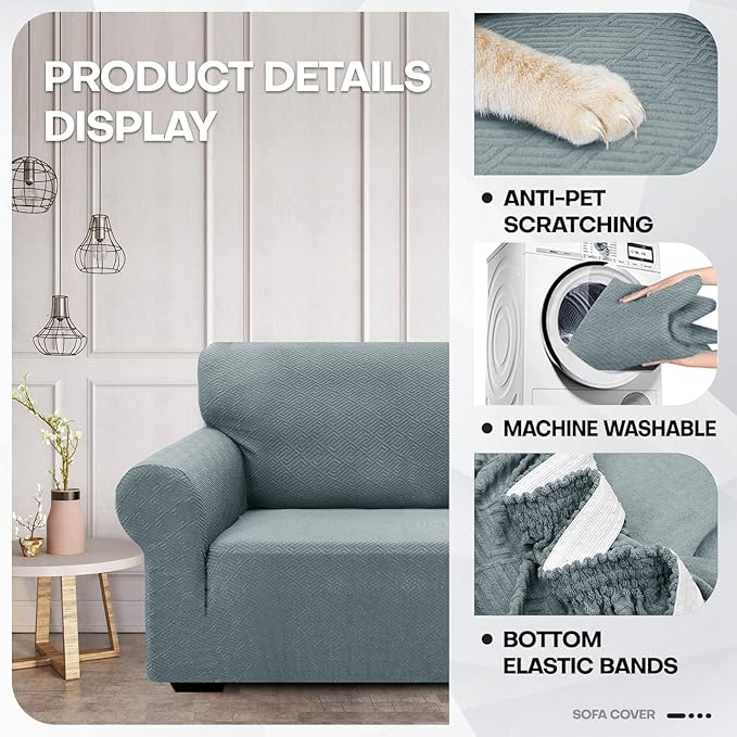 ZNSAYOTX 1 Piece Jacquard Couch Covers for 2 Cushion Couch High Stretch Loveseat Slipcover for Pets Dogs Anti Slip Love Seat Sofa Slipcover Furniture Protector (Medium, New Pattern Light Grey)