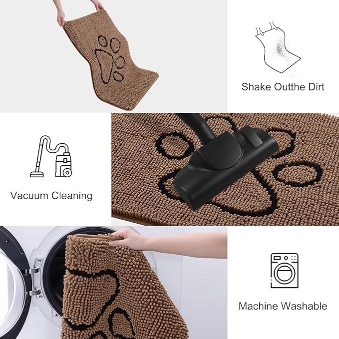 Smiry Dog Door Mat for Muddy Paws, Absorbent Dirt Trapper Non Slip Quick Dry Washable Chenille Mat for Mud Dogs, Entry Rug for Indoor and Outdoor (30x20 Inches, Coffee and Black)